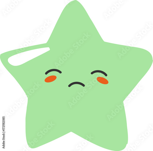 Sad green star with downturned mouth and closed eyes isolated on black backdrop