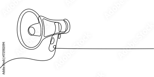 Continuous line drawing representing a megaphone for announcing or protesting. Hand drawn one line vector. Editable stroke, Megaphone icon continuous one line drawing, Public horn speaker in one.