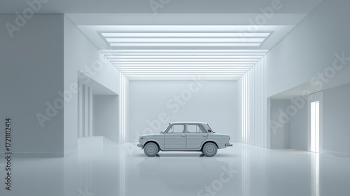 Contemporary Car Exhibit: A minimalist car, bathed in soft light, sits center stage within a modern gallery, evoking a sense of luxury and sophistication.