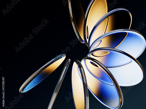 Fototapeta Naklejka Na Ścianę i Meble -  Abstract black 3d background with neon glass circle disc, radiant blue yellow gradient. Crystal round disks, holographic transparent lens, circular motion effect. Digital tech banner. 3D illustration