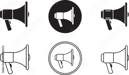 Illustration of set of megaphone icons in black and white, isolated on white background