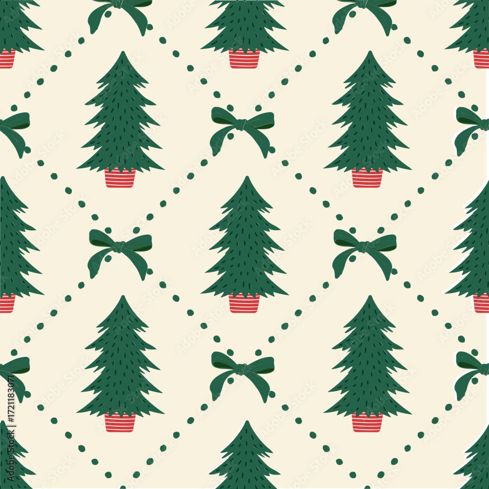 Obraz premium Holiday seamless pattern with christmas tree, bows in diamond checkered background in green, red and beige. Modern coquette holiday pattern for fabric, wallpaper and stationery designs