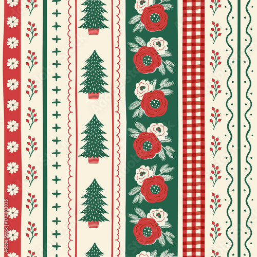 Hand-drawn vintage Christmas plaid , floral and festive stripe seamless pattern. Cottagecore holiday aesthetic design for fabric, wallpaper, home decor, and seasonal textiles.