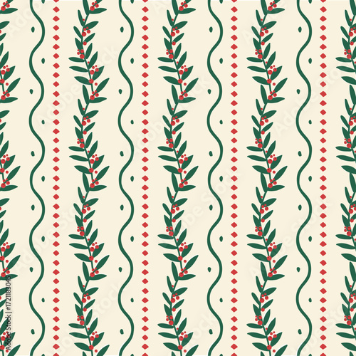 Holly leaves and berry vertical stripe seamless pattern for cozy Christmas holiday projects. Use for digital scrapbooking, wrapping paper, invitations, or fabric design.