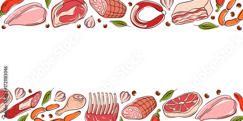 Border frame in flat style with various meats on a white background. Include steak, sausage, ribs and vegetable. Perfect for culinary book, packaging or restaurant branding.