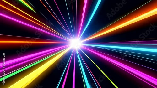 Colorful Neon Light Beams Converging Toward Center Creating Futuristic Speed Tunnel Effect