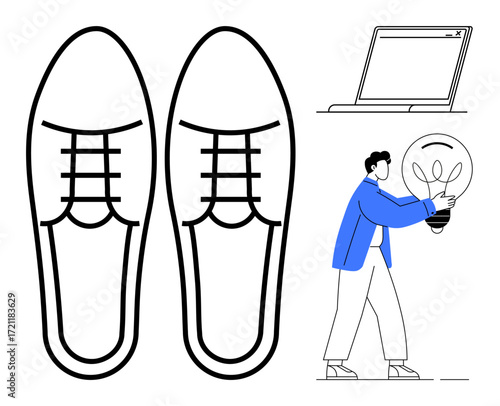 Formal shoes sketch, man carrying bright lightbulb, and computer screen. Ideal for innovation, creativity, problem-solving, work-life balance, business strategy, digitalization modern business