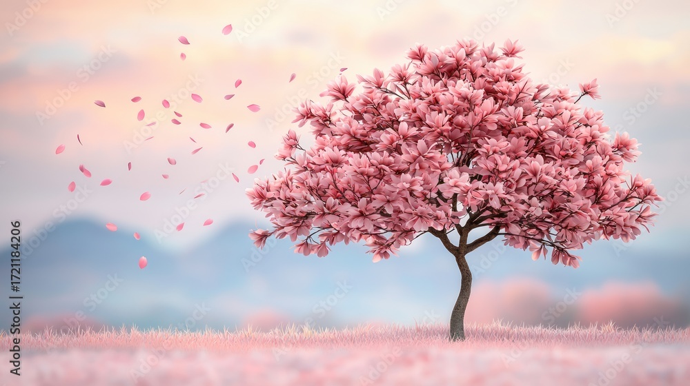 Fototapeta premium Spring blooming cherry blossom tree tranquil landscape nature photography soft lighting serene view beauty of nature