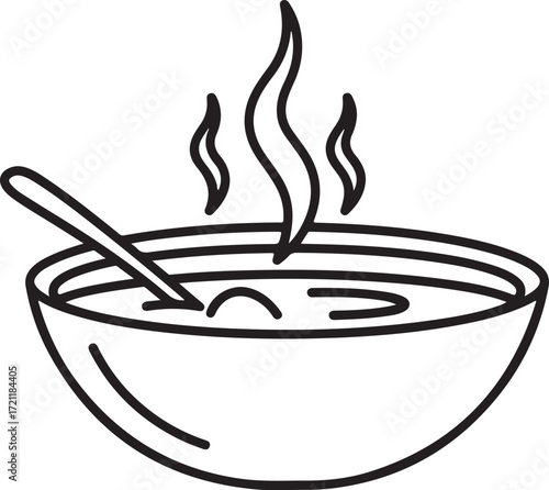 Illustration of simple line drawing of a steaming bowl of soup with a spoon, isolated on white background
