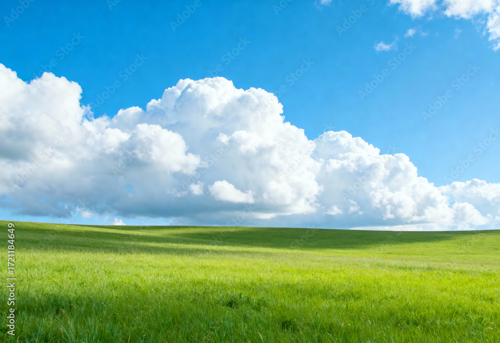 Obraz premium Lush green grass under a blue sky with white clouds.