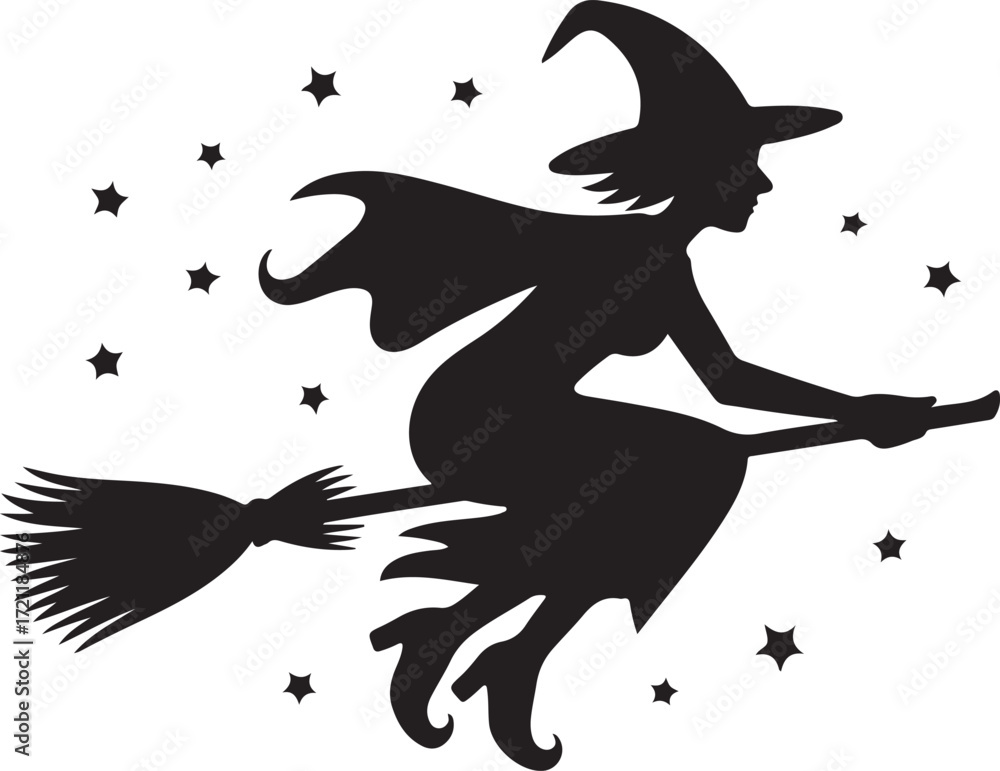 Fototapeta premium Halloween witch flying silhouette with stars vector