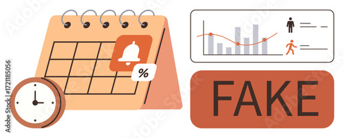 Calendar with reminder bell and percentage icon, clock showing time management, chart with analytics, and large FAKE label. Ideal for fraud prevention, deadlines, analysis, alert, productivity