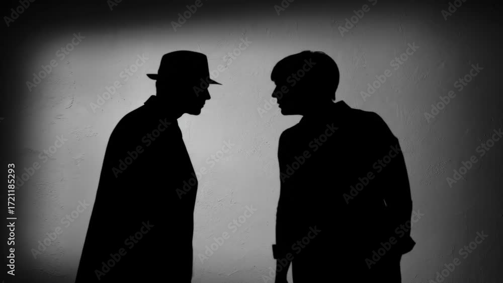 Two Men Meet in Shadow, One Wears a Fedora, Perhaps After a Secret Deal ...