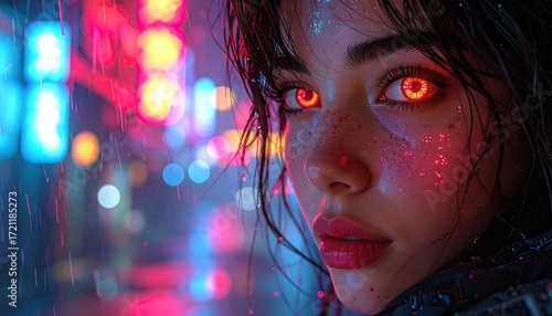 Cyberpunk Woman with Glowing Red Eyes in Rain