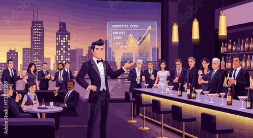 Illustrative visualization of a successful business presentation in a rooftop bar setting