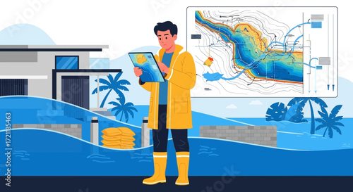 Coastal flood monitoring system analysis and management with technician using tablet