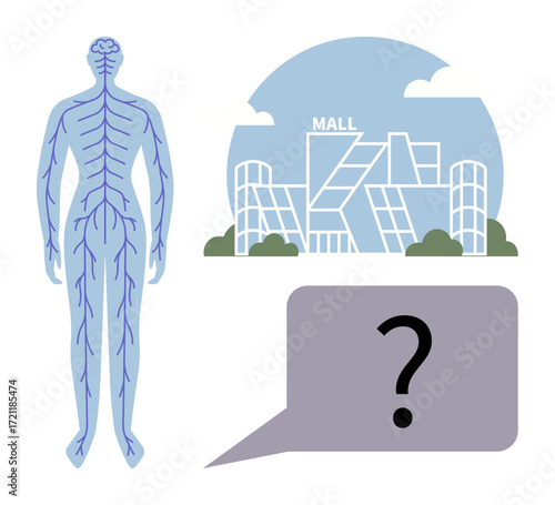 Human nervous system visualized alongside a modern city mall and a speech bubble with a question mark. Ideal for health, anatomy, neuroscience, communication, curiosity, urbanization, simple flat