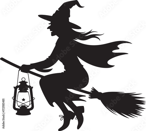Halloween witch with lantern silhouette flying vector