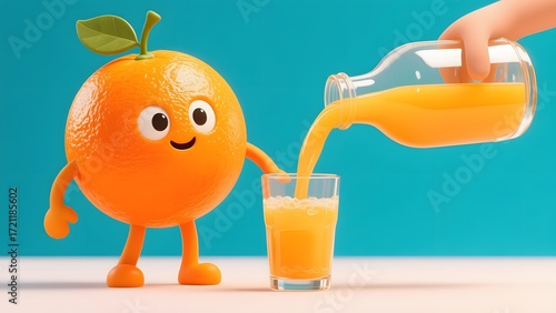 Cute 3D Orange Character Pouring Fresh Juice into Glass
