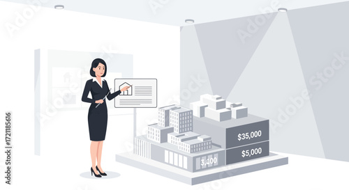 Real estate agent presenting property investment plans in modern office space
