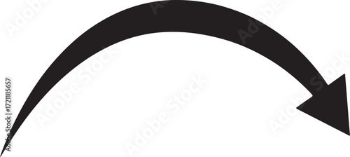 Illustration of black curved arrow pointing downwards isolated on white background
