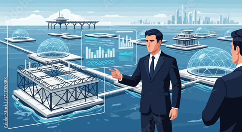 Innovative waterfront community presentation showcasing future-oriented architecture
