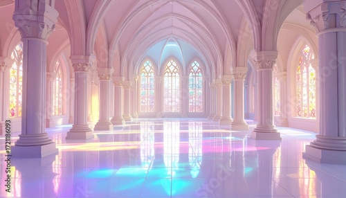 Pastel-hued, ornate hall with stained-glass windows