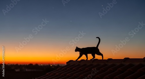 A silhouette of a cat walks across a rooftop at sunset, creating a serene and peaceful scene.