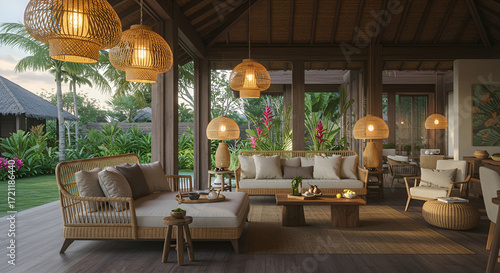Modern tropical villa lounge with bamboo pendant lights, rattan accents, and a view of lush greenery.
