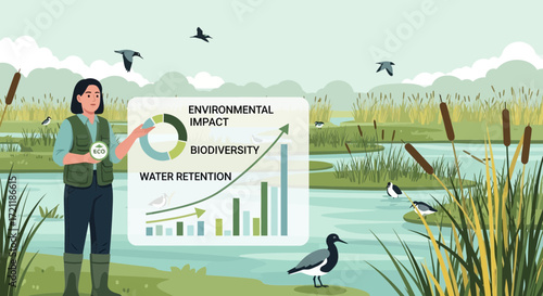 Illustrative presentation showcasing positive environmental impact in a wetland ecosystem