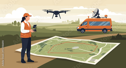 Woman piloting a drone for geographical survey with van and topographical map