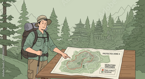 Illustration of a hiker exploring a mountain forest with monasteries in the background