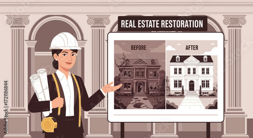 Architect presenting a house restoration, showcasing before and after comparison