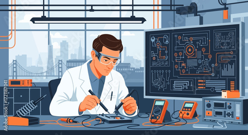 Innovative engineer working on a circuit board with city skyline background