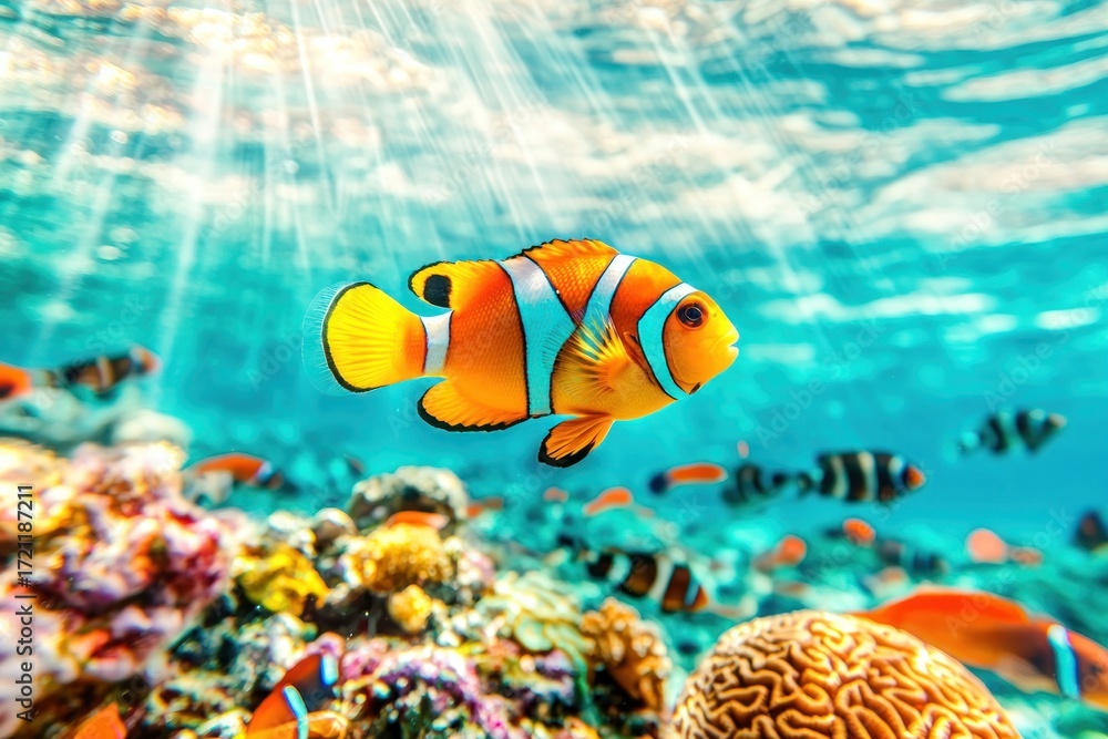 Naklejka premium Vibrant underwater scene featuring clownfish coral reef marine life tropical ocean close-up nature's beauty