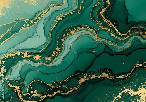 Emerald and Gold Fluid Art Abstract Background with Swirling Patterns