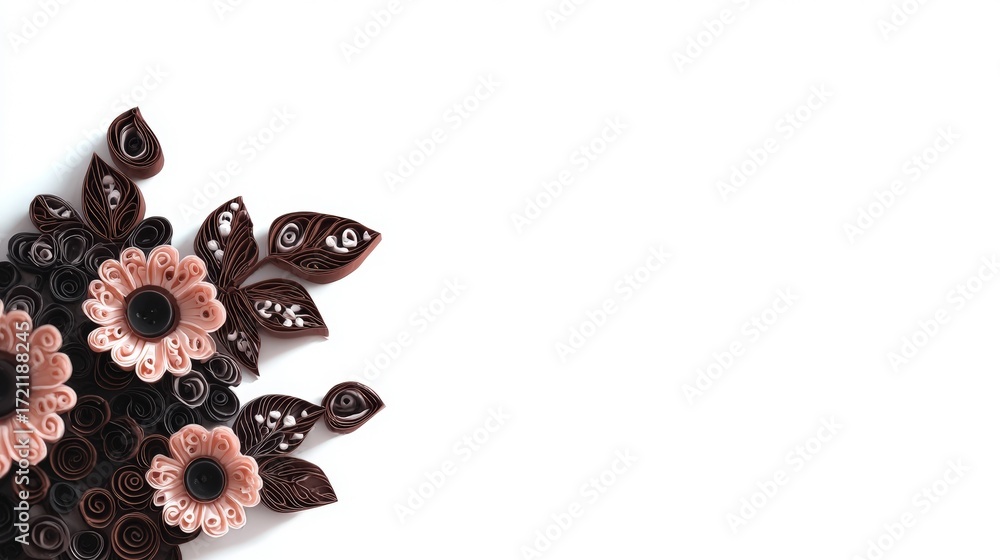 Naklejka premium Beautiful quilled flowers in shades of brown and pink arranged artistically on a white background