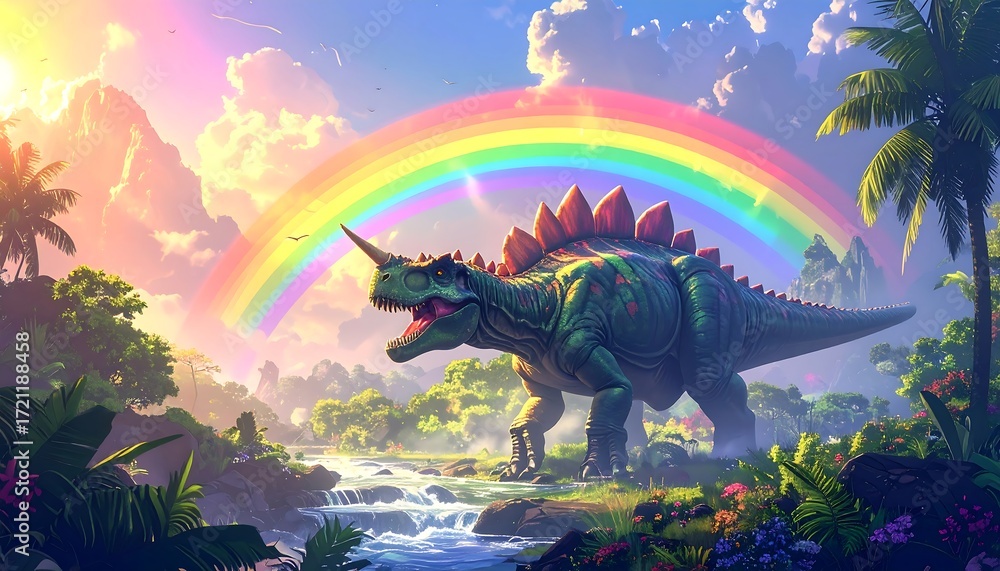 Obraz premium A colorful dinosaur stands by a cascading stream under a rainbow
