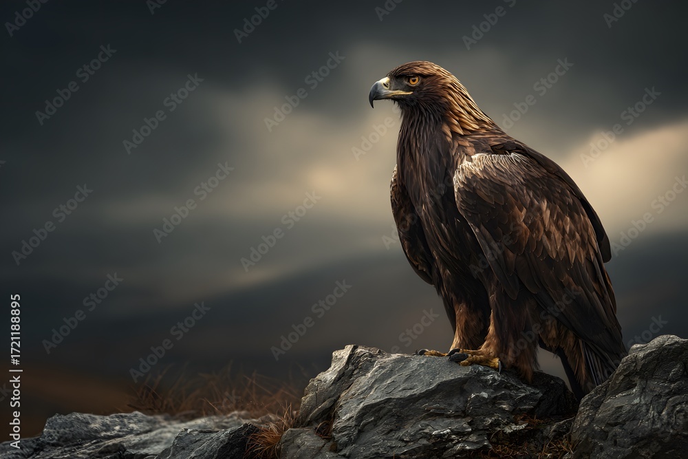 Fototapeta premium A majestic golden eagle stands tall on a rocky outcrop under dramatic clouds, its feathers catching the fading evening light. 