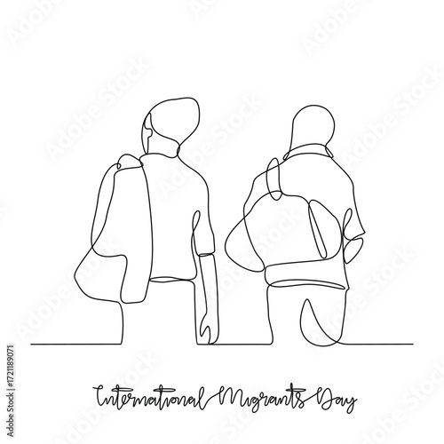 One continuous line drawing of International Migrants Day vector illustration. International Migrants Day theme design concept in simple linear continuous line. Great design for social issue campaign.