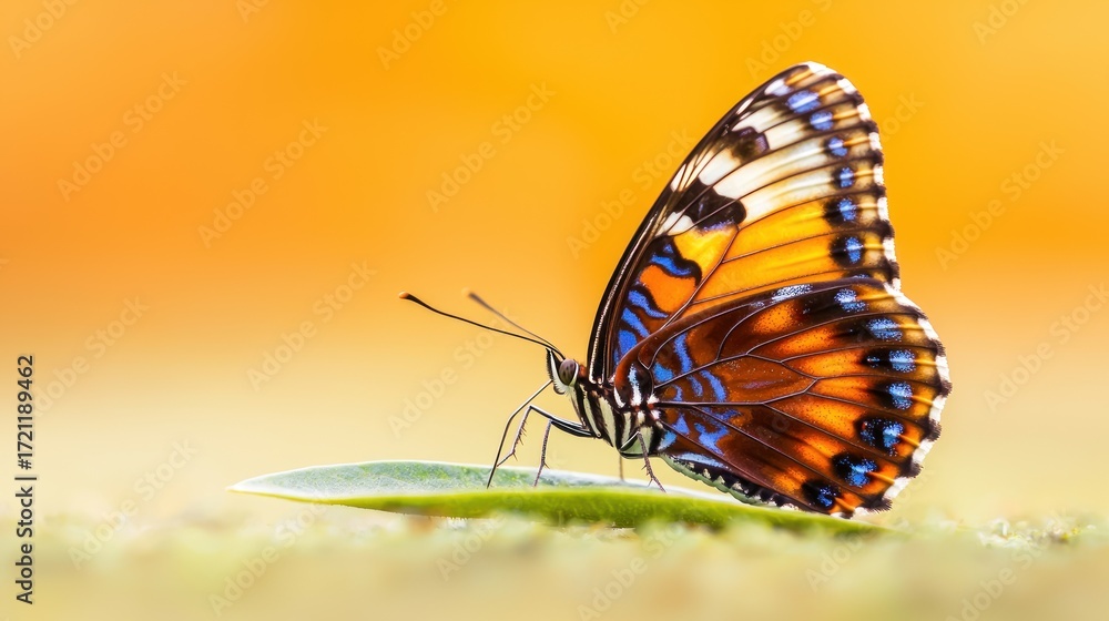 Fototapeta premium Beautiful monarch butterfly resting on leaf in vibrant nature setting close-up photography serene environment