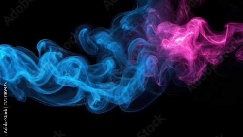 Abstract smoke swirls in vibrant blue and pink on a black background