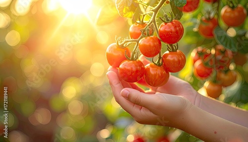 Child's Hands Holding Ripe Red Tomatoes on the Vine at Sunset