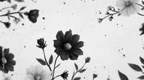 Black and white floral pattern featuring various flowers and delicate leaves on textured background