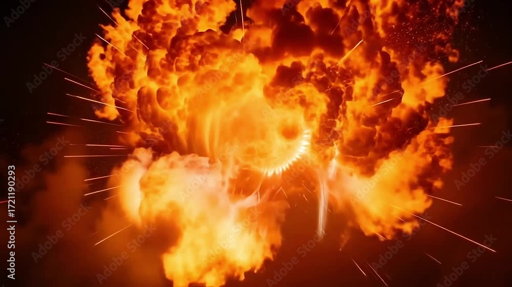Fiery explosion erupts with intense heat and brilliant light against dark background