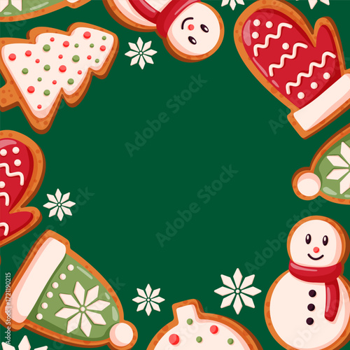 Christmas gingerbread cookie frame with festive bakery snowman, mitten, hat, tree and snowflake on green background. Cartoon illustration for holiday, dessert cafe menu and seasonal design.