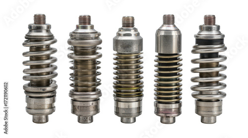 Metal springs components arrangement on transparent png background