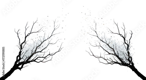 Winter's Breath: Minimalist Illustration of Trees with Ethereal Sparkling Snowfall in Black and