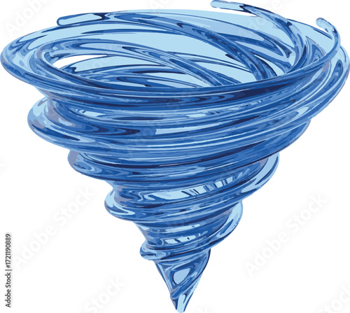 Vector 3D render of swirling blue water vortex in mid air, glossy transparent texture