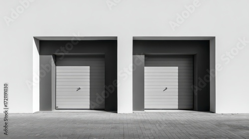 Geometric Symmetry: The image showcases two garages with minimalist design and monochromatic tones, creating an atmosphere of modern simplicity, and architectural harmony.